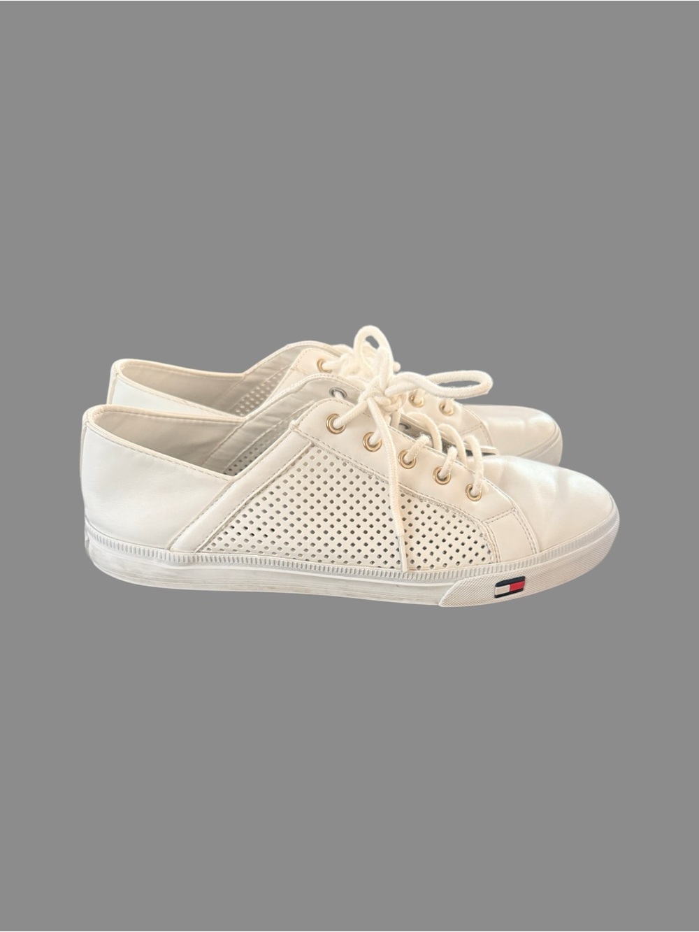 Tommy Hilfiger White Perforated Leather Low-Top Sneakers Gold Eyelets 10M